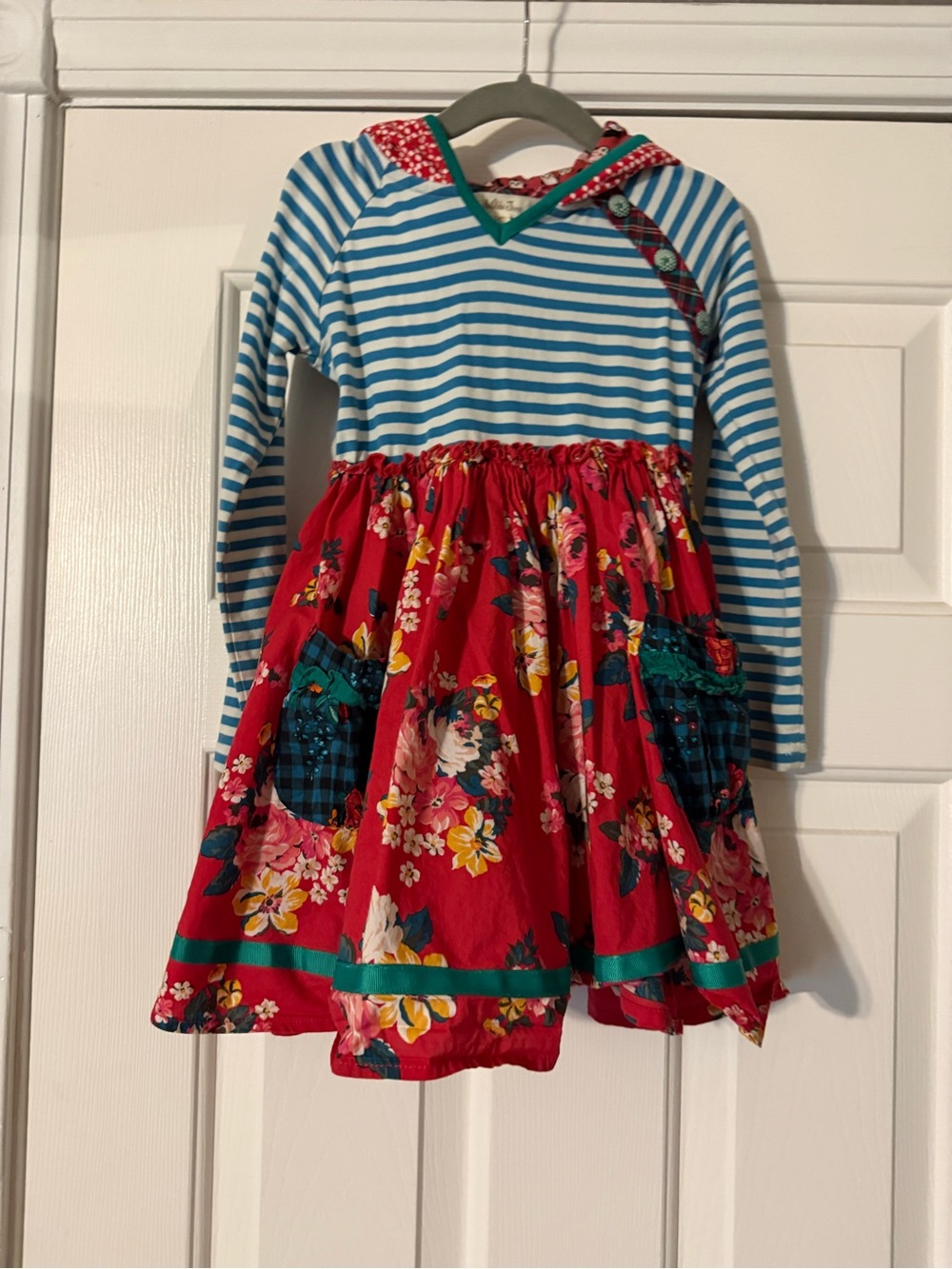 Matilda Jane Girls Red Floral & Blue Stripe Hooded Dress